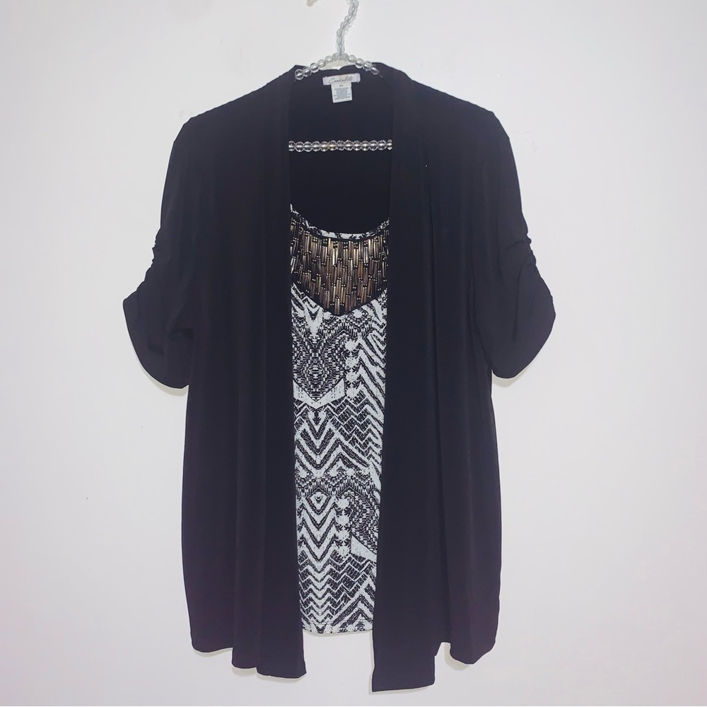 Candalite Plus Size Women's Embellished Top Black And White 2X